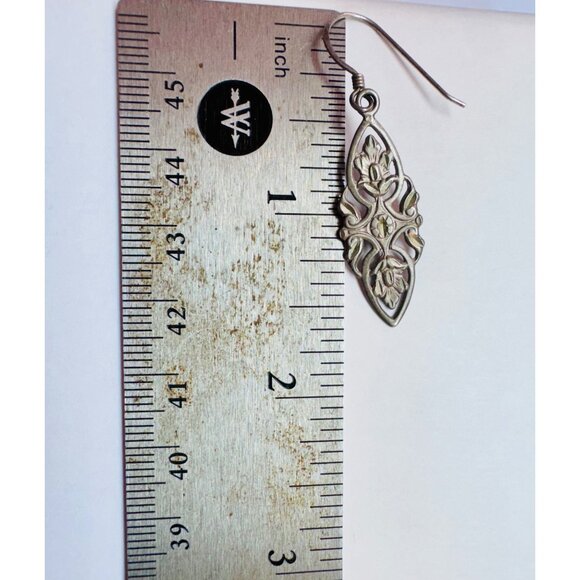 Estate Vintage Sterling Silver 925 Filigree Marquise Dangle Earrings 3g - Picture 4 of 8